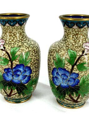 Cloisonne Mini Vases Gold Toned Asian Enamel Vases Floral 4" Tall Vtg Mini